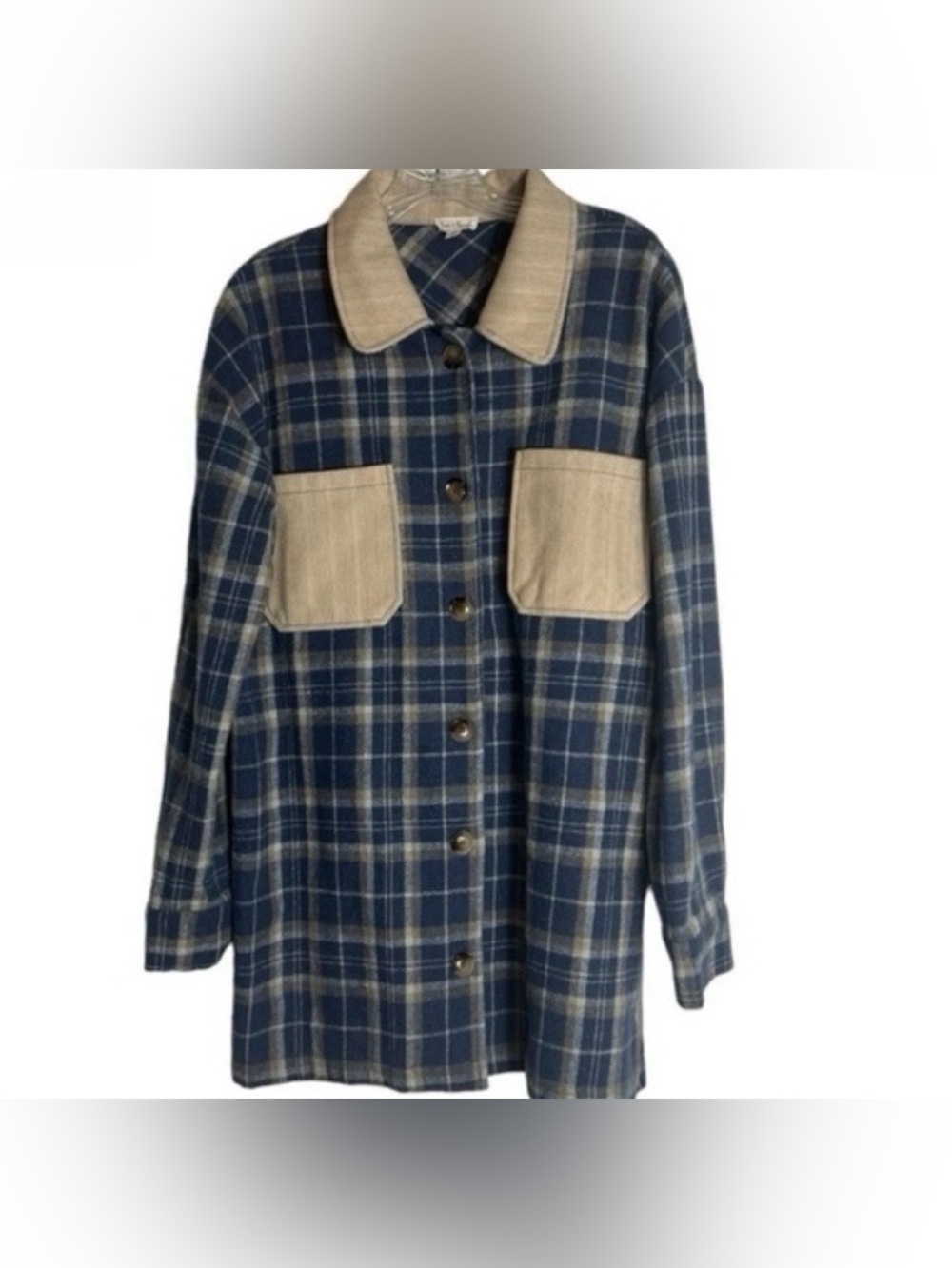Hem & Thread Oversized Shacket With Corduroy Details In Blue Plaid